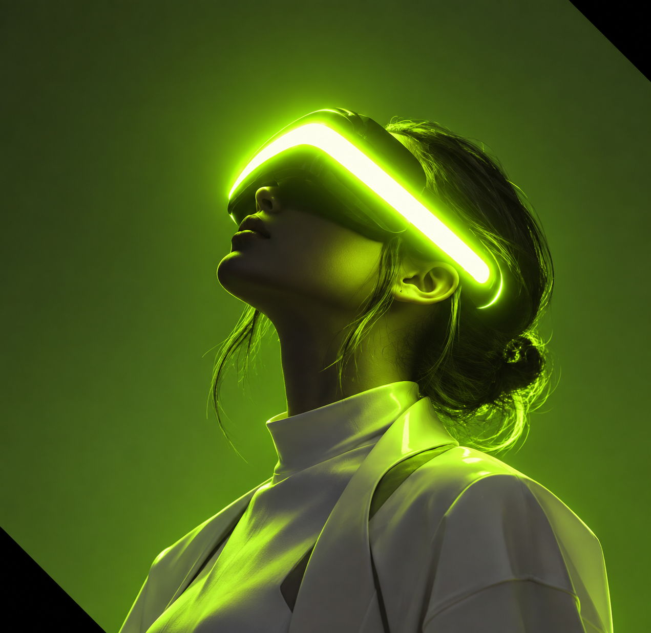 Mujer interactuando con una interfaz luminosa de inteligencia artificial